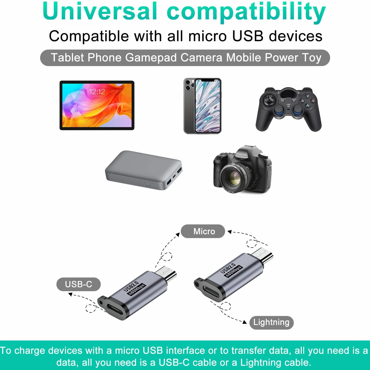 HENGBIRD 8 sztuk adapterów Lightning na USB C, USB C, micro USB, mini USB żeński na męski USB 2.0