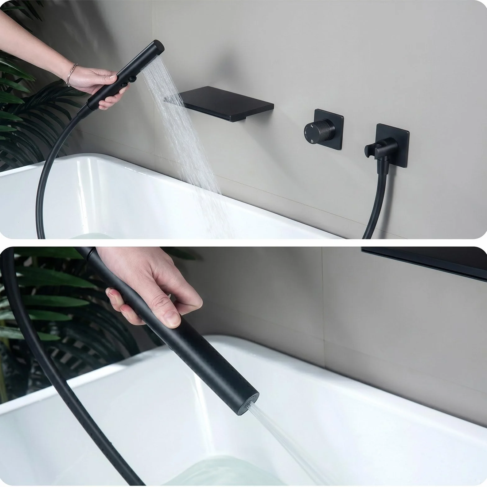 Wodospad do wanny z mosiężnym wkładem, 2 strumienie natryskowe ze stali nierdzewnej (deszcz/masaż), wąż PVC 1,5 m, bateria ścienna do wanny prysznicowej na ciepło i zimno