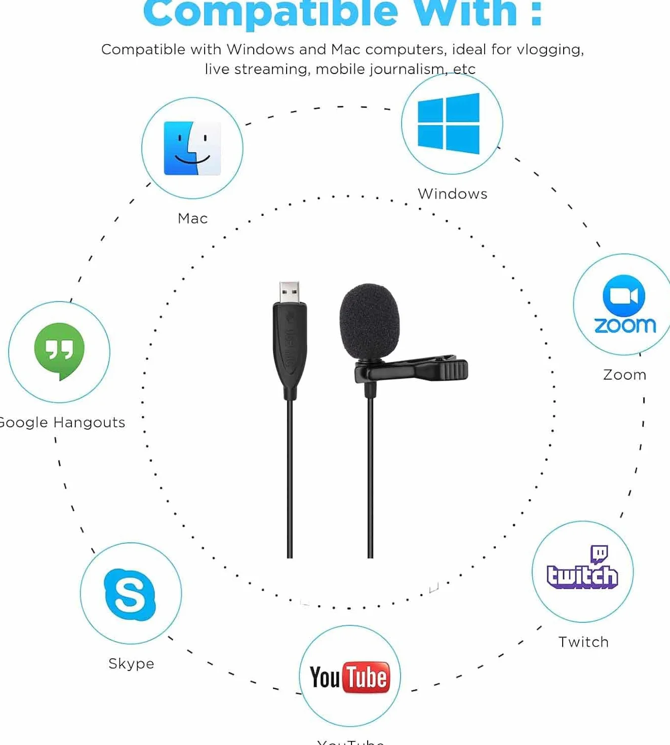 Mikrofon krawatowy USB, mikrofon klapowy 3 m do komputera, przypinany wielokierunkowy mikrofon pojemnościowy do laptopa, PC i Mac, idealny podcast, gry, streaming i nagrywanie [Plug & Play]