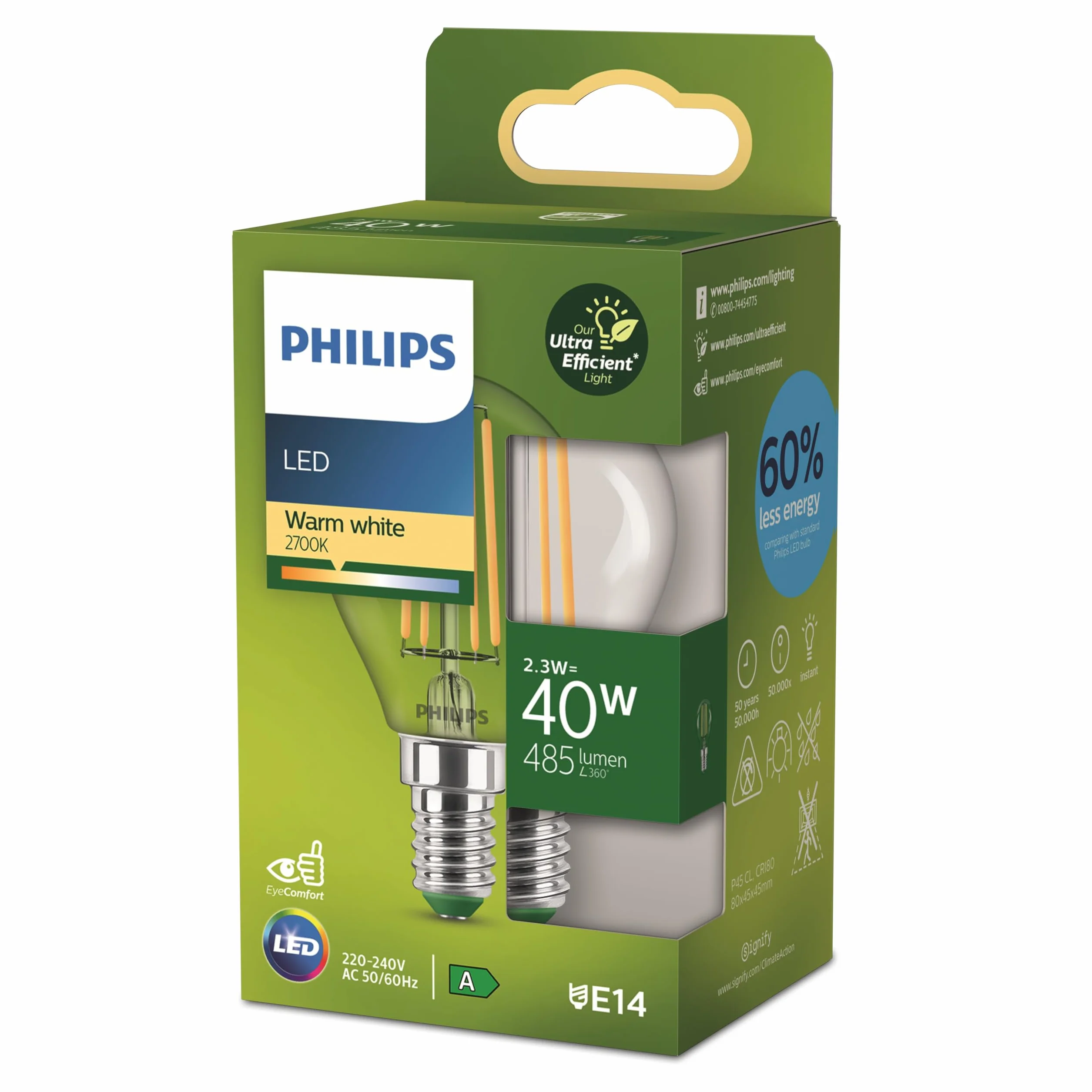 Philips Bombilla LED clásica, UltraEfficient, 40W, 485Lm, P45, E14 2700K, przezroczysty kryształ