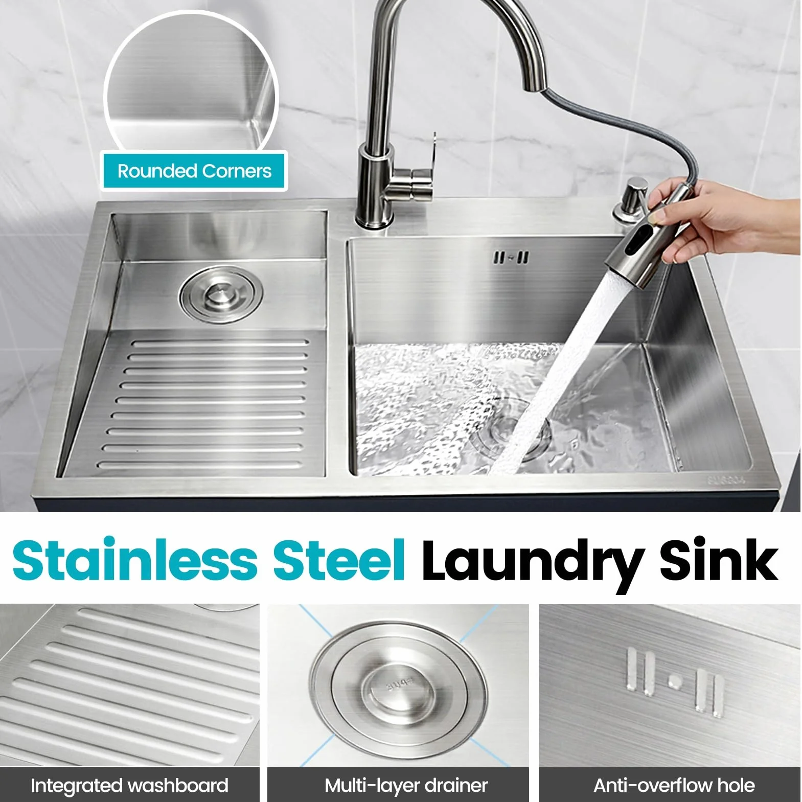 Utility Laundry Sink With Washboard, Hand Washing Tub With 4mm Thick Panel, Stainless Steel Laundry Basin, Workstation Washing Basin With Drain Kit, For Utility Room, Basement(A,80x48x22cm)
