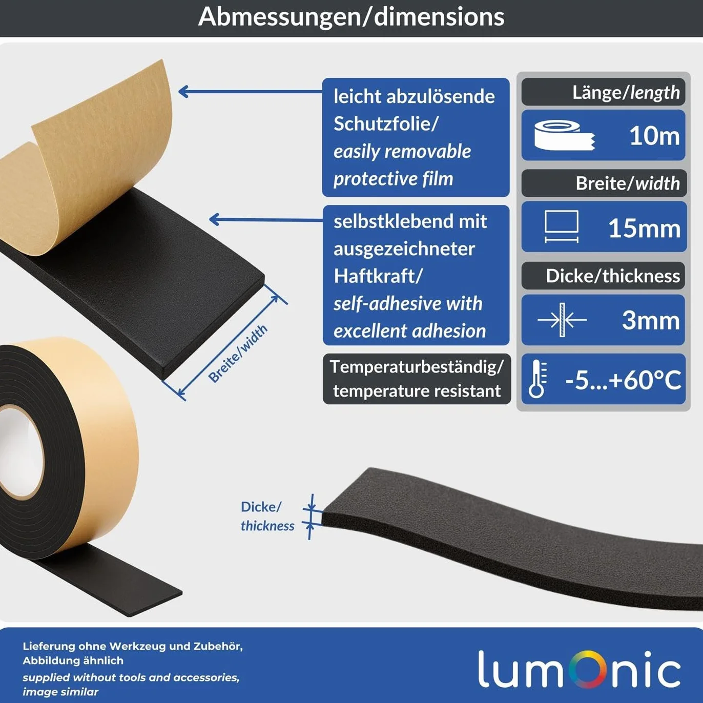 Lumonic Samoprzylepna taśma uszczelniająca EPDM, 10 m, 15 mm x 3 mm, uszczelka do okien i drzwi, uszczelka okienna, guma do ochrony