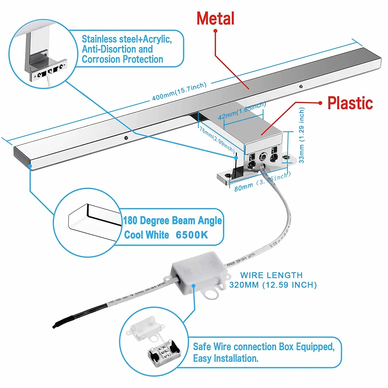 LED Spiegelleuchte Badezimmer 10W 820LM 40cm Kaltweiß 6500K Azhien,3in1 Montage IP44 230V Wandleuchte Spiegellampe 400mm,Kein Flimmern Badezimmerschrank Spiegelleuchten
