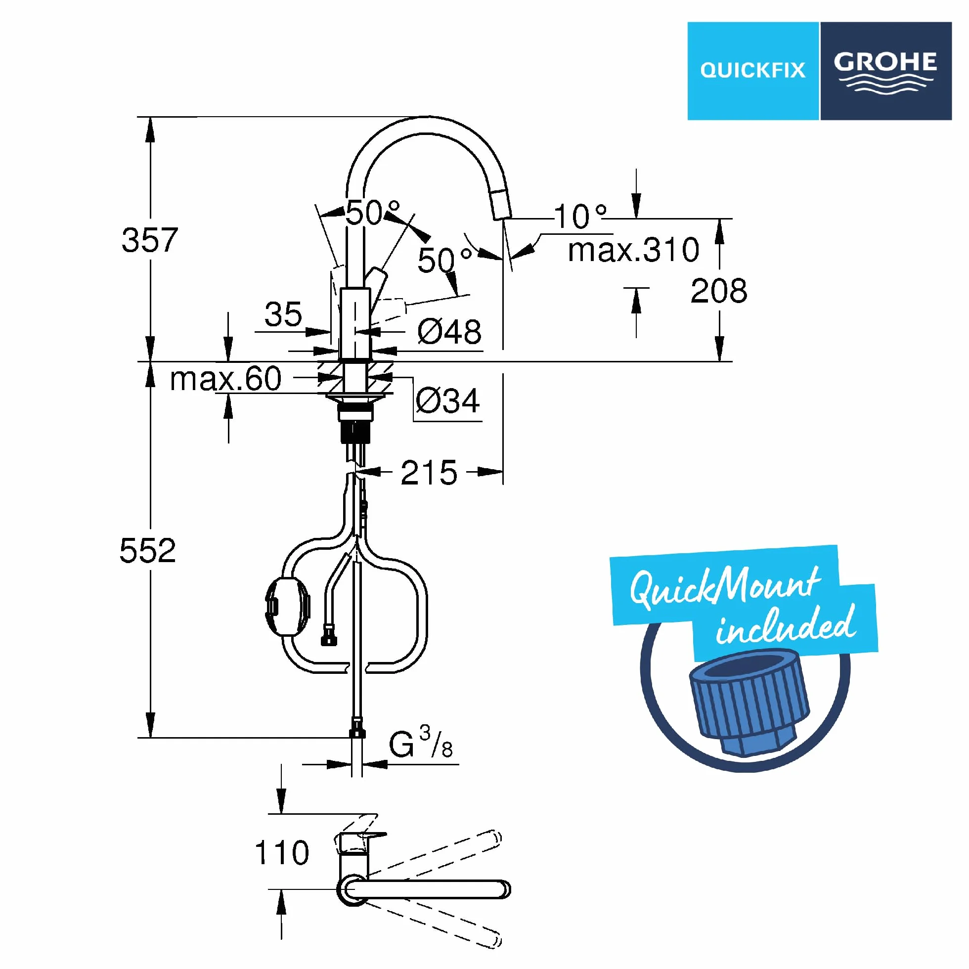 GROHE Start Flow 305690000 bateria kuchenna, wyciągana wysoka wylewka, kształt C, obracana o 360°, instalacja QuickFix, ekologiczny ogranicznik przepływu, chrom