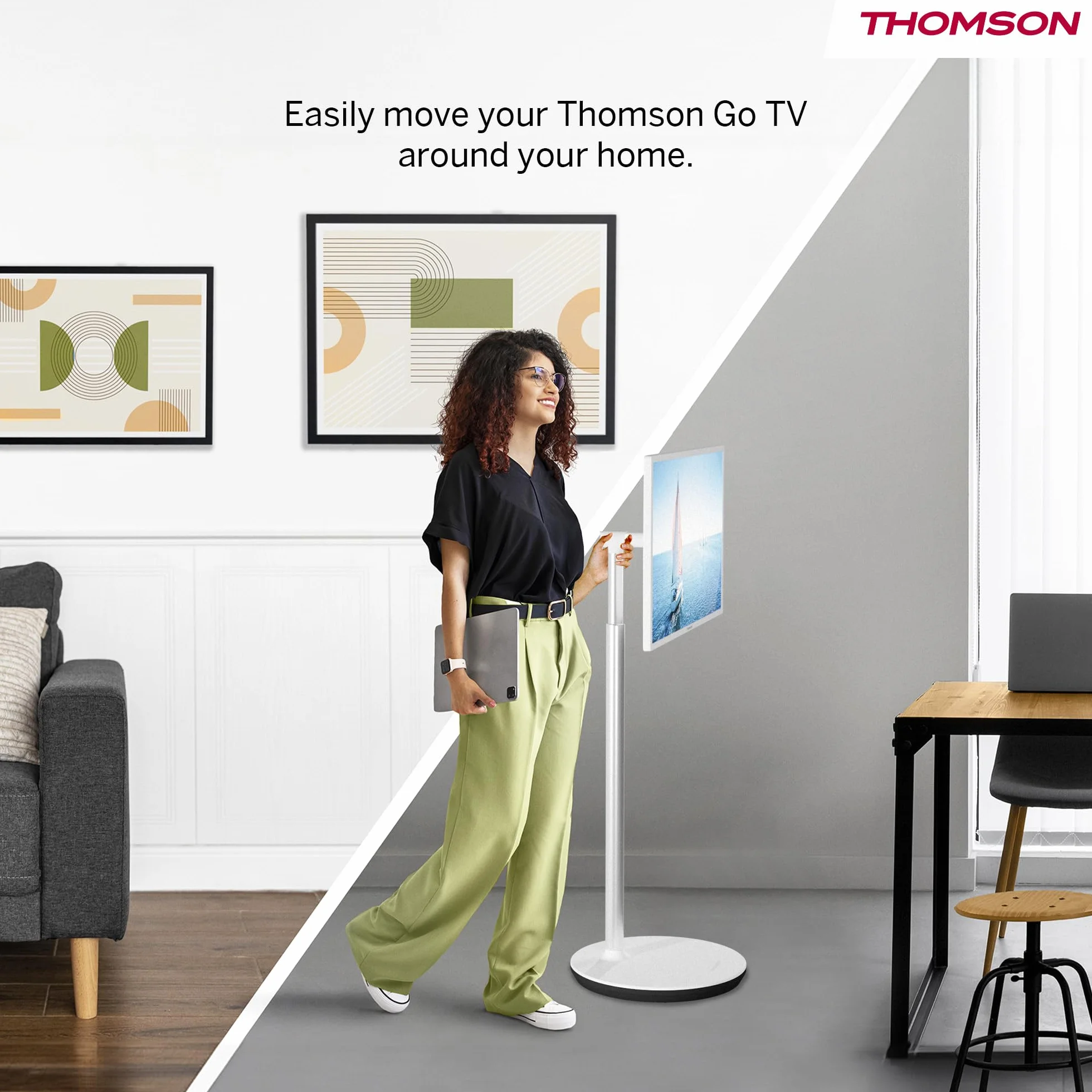 Thomson Go TV 32 cale (81 cm), przenośny telewizor z systemem Android – HD Ready (1366×768), sterowanie głosowe, Bluetooth 5.1, Wi-Fi, funkcja hotspotu, do 4 godzin pracy na baterii
