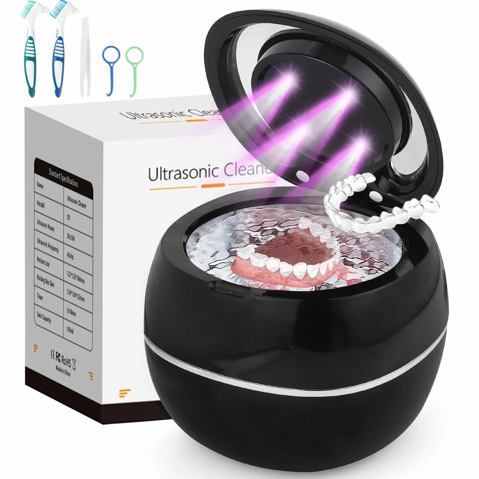 Ultrasoniczne urządzenie do czyszczenia protez, 42000 Hz, 180 ml, ultradźwiękowe urządzenie do czyszczenia UV, 30 W, do protez zębowych, korektorów, ochraniaczy i ochrony jamy ustnej (czarne)