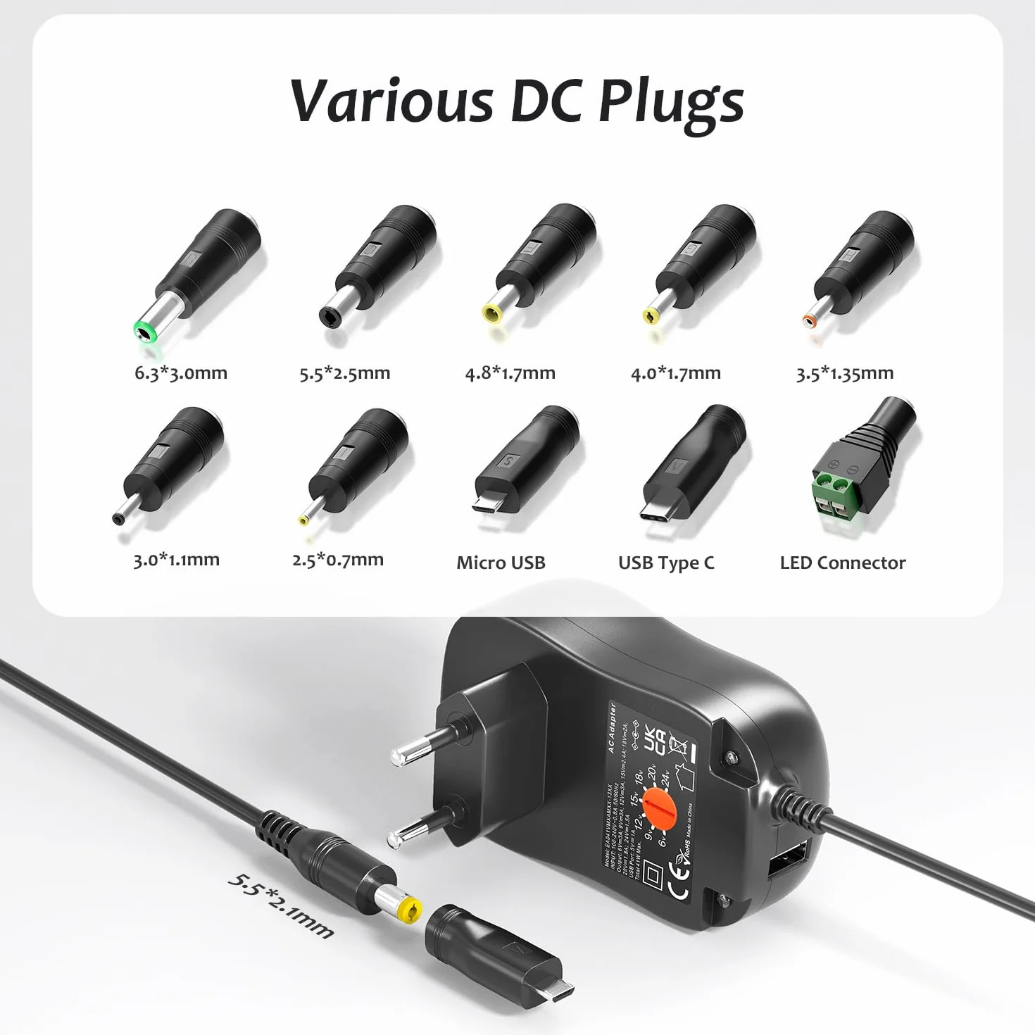 Zolt 41 W Uniwersalny zasilacz AC na DC 6 V 9 V 12 V 15 V 18 V 20 V 24 V 1 A 1,5 A 2 A Przełączanie zasilania z portem USB 5 V 1 A i 10 złączami DC do urządzeń elektronicznych