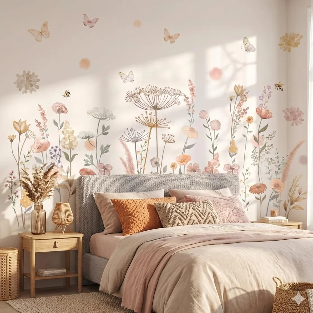 DECOWALL SG2-2421 Naklejki ścienne z Boho Kwiaty w akwareli Polne kwiaty Trawa Sypialnia Home Decor Art Kolorowe różowe rośliny Zdejmowane skórki i sztyfty Dom przedszkola DIY Liście Ogród