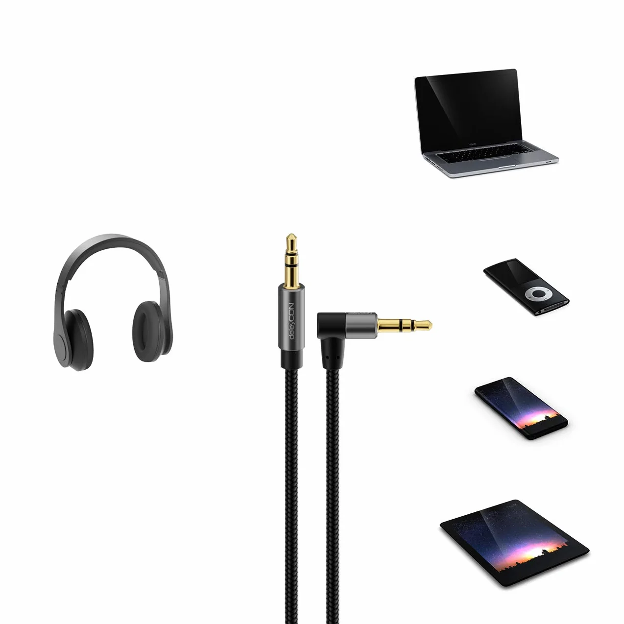 deleyCON 1,5m Kabel AUX 3,5 mm Kabel Audio Jack Stereo Kabel Bawełniany i Metalowe Złącza - Wtyk Prosty na Wtyk Kątowy 90° - Telefon Smartfon Tablet Słuchawki HiFi Odbiornik Samochodowy