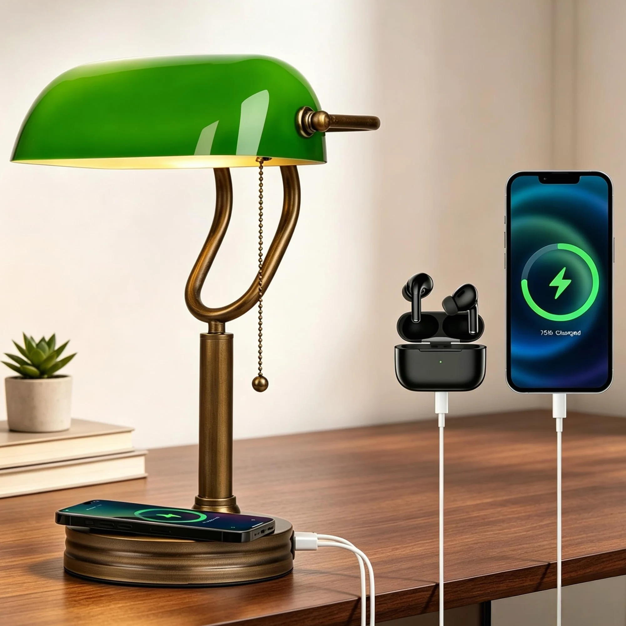 Zielona szklana lampa bankierska, antyczna lampa z bezprzewodowym portem ładowania USB, klasyczna lampa stołowa, do domowego biura, szafki nocnej, gabinetu, biura, biblioteki
