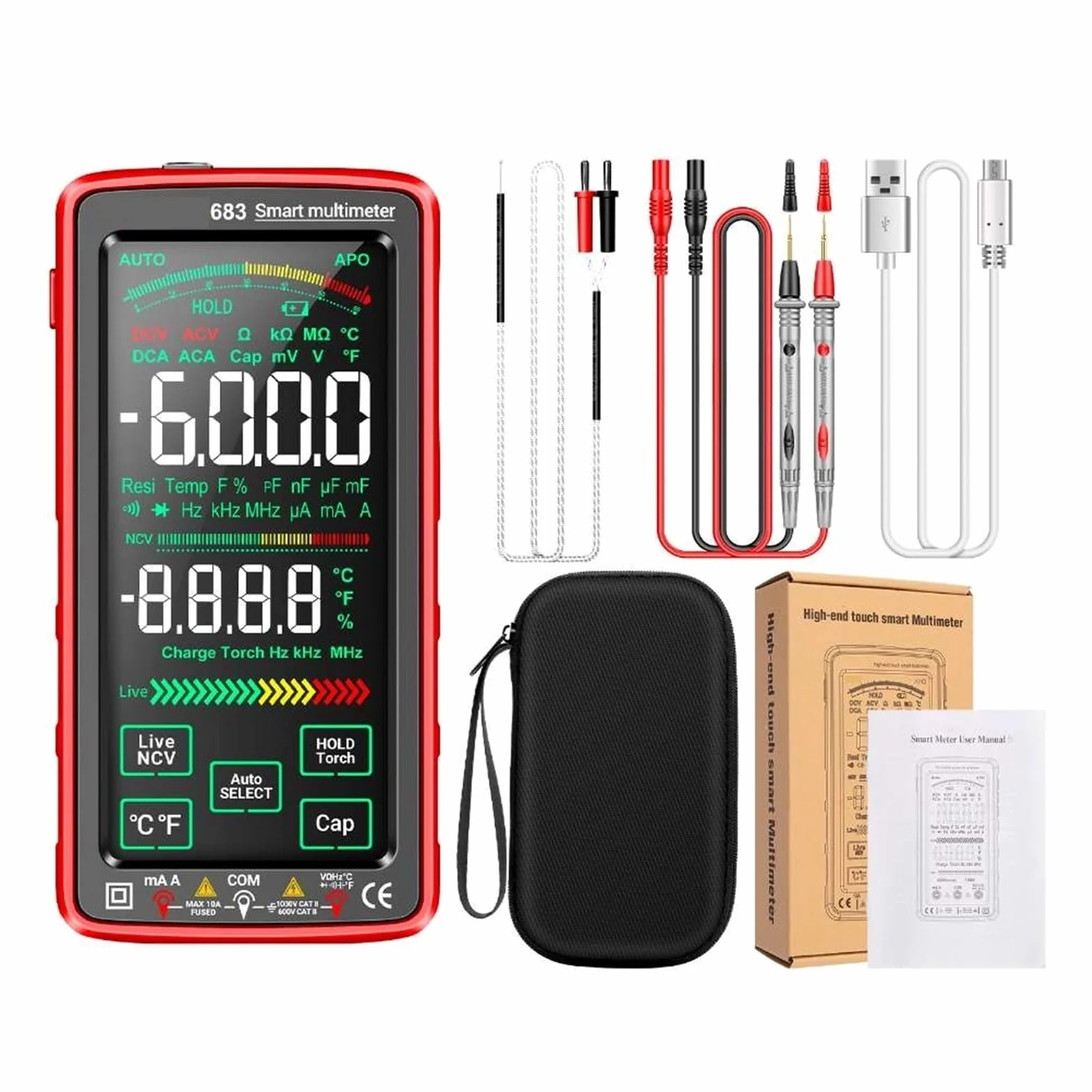 Multimetr Cyfrowy 6000 Zliczeń Smart Anti-burn Recharg Uniwersalny Miernik Tester NCV 5-calowa Podświetlana Latarka LCD(683 Red)