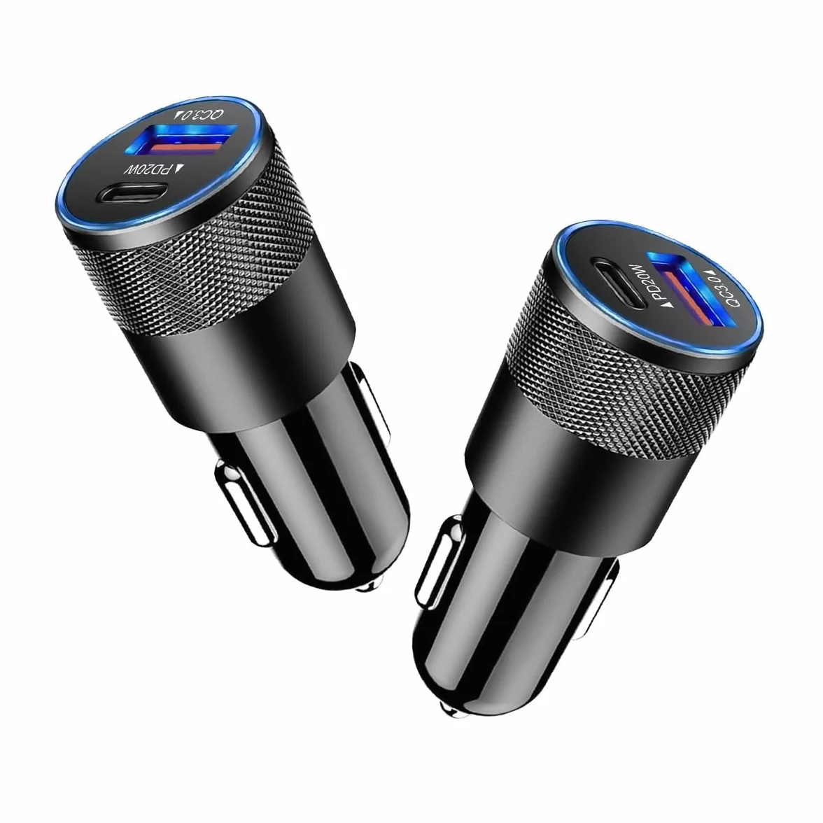 2 sztuki zapalniczki samochodowej USB C, mini ładowarka samochodowa z PD 20 W i QC 18 W, podwójny port USB-C + USB-A, aluminiowa obudowa, 12 V/24 V adapter samochodowy do telefonu komórkowego