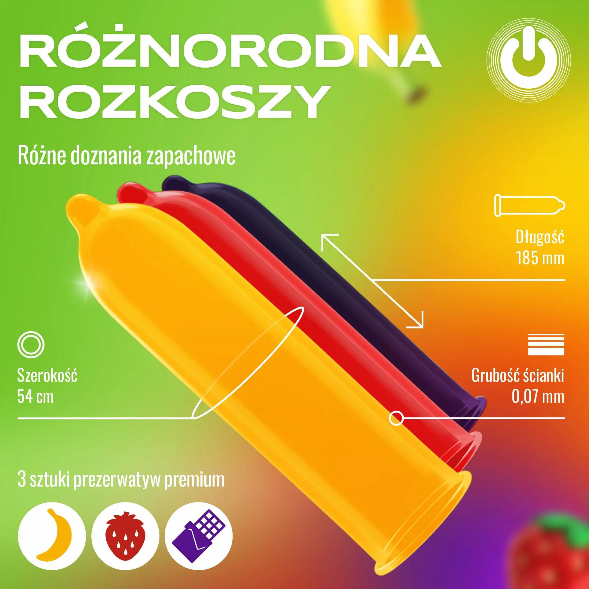ON) Mix prezerwatyw I 3 sztuki w opakowaniu I Fruit & Colour I Premium 3 różne rodzaje I z silikonowym żelkiem I cienkie 0,07 mm grubości ścianki I wegańskie