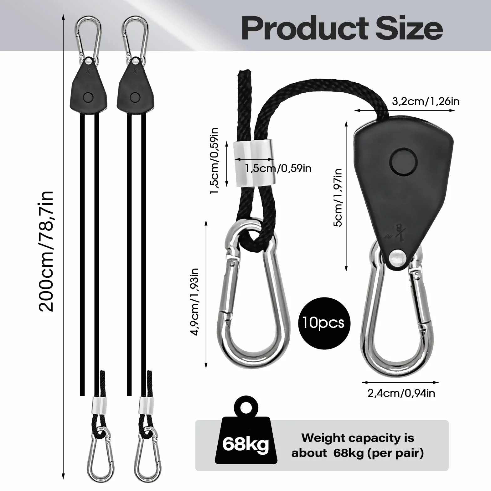 qianduoduo Duty Heavy Rope 10 sztuk grzechotka linowa z haczykami, regulowana linka z grzechotką, 2 m, 1/8 cala, do roślin, wentylatorów i lamp
