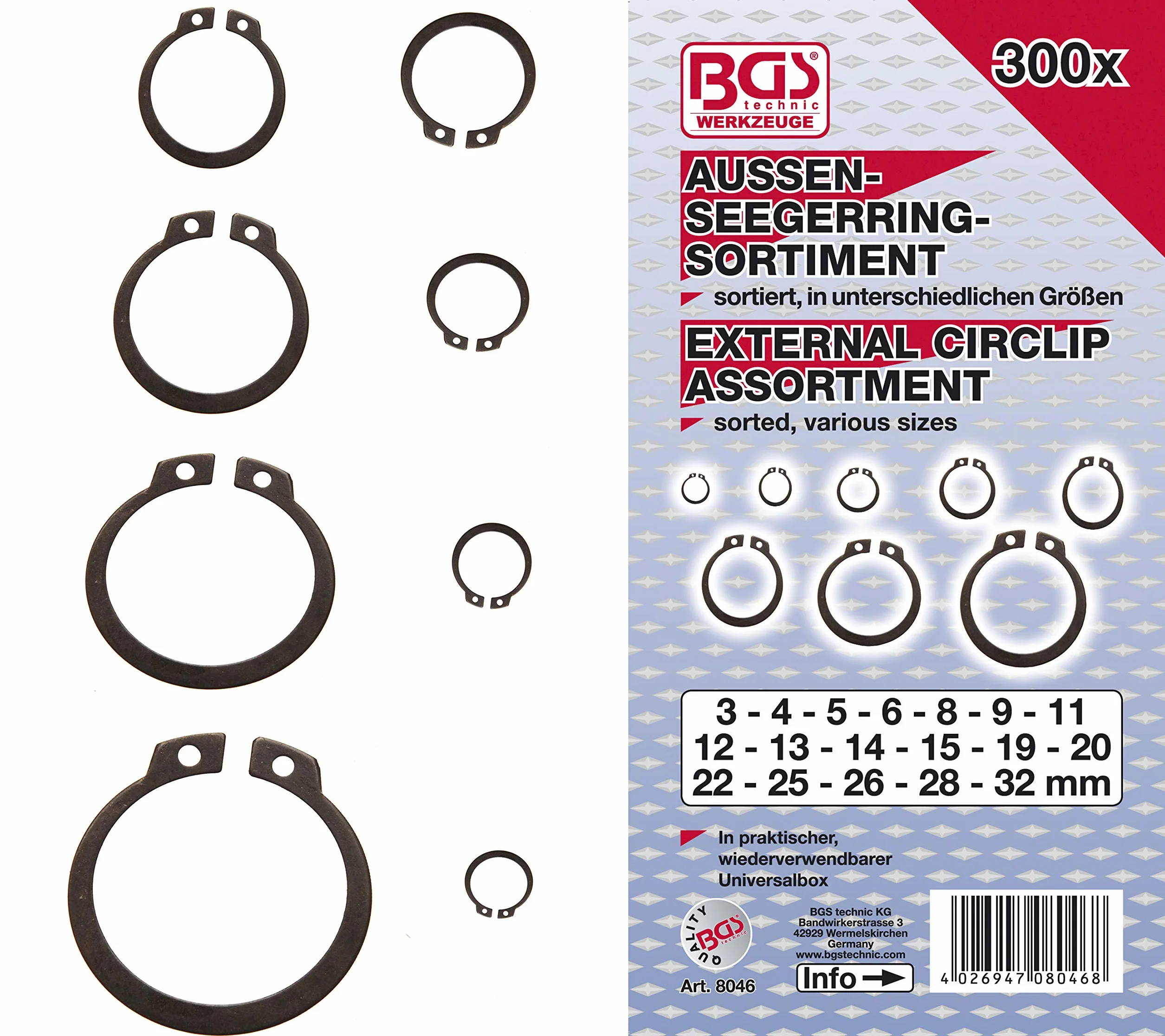 BGS 8046 | Zestaw zewnętrznych pierścieni Segera (pierścieni rozprężnych) | Ø 3 - 32 mm | 300 szt.