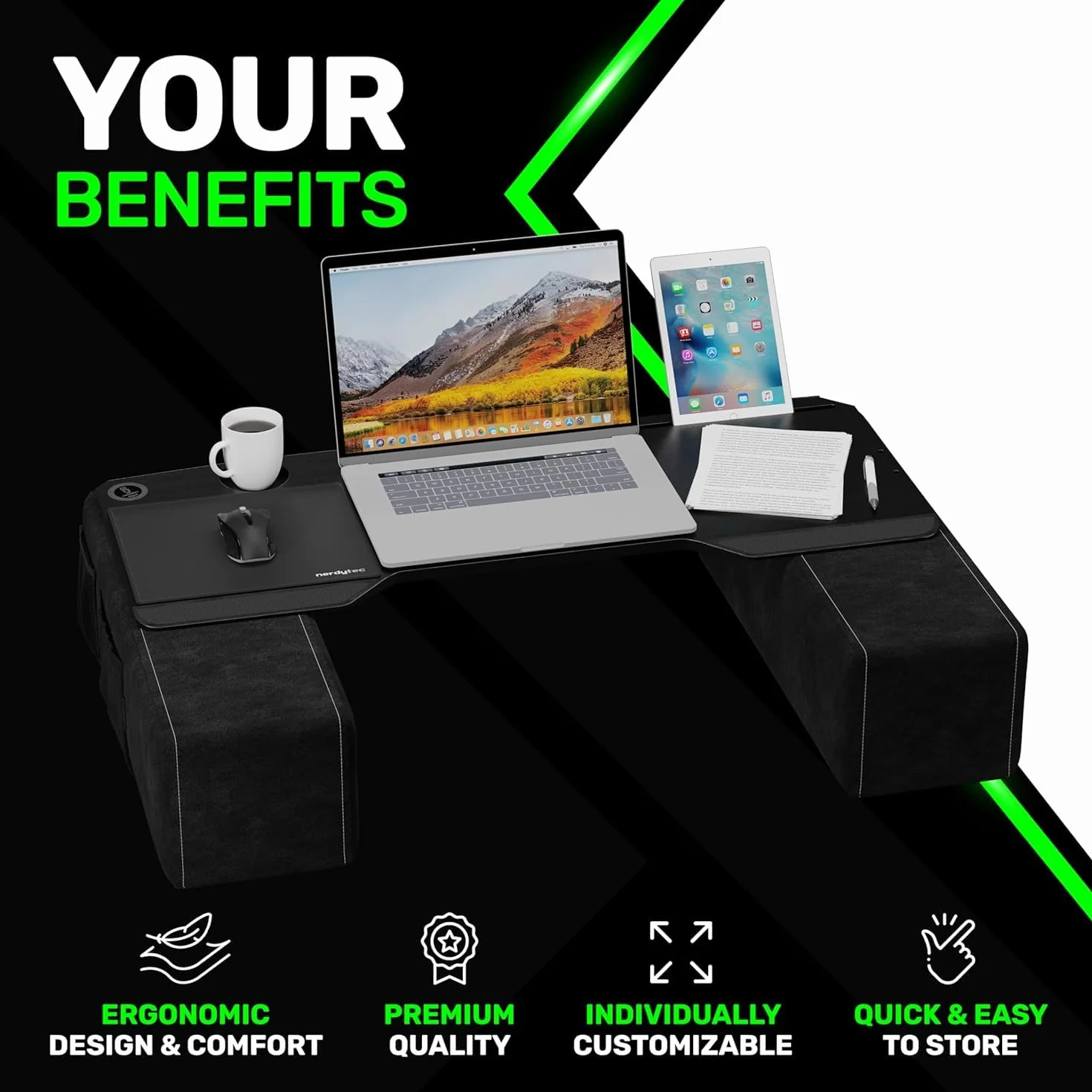 Couchmaster CYBOSS, bardzo szeroki stojak na laptopa na kanapę i łóżko, ergonomiczna konstrukcja z poduszkami, biurko do notebooków do 45 cm, jesteś wielkim szefem! CYBOSS!
