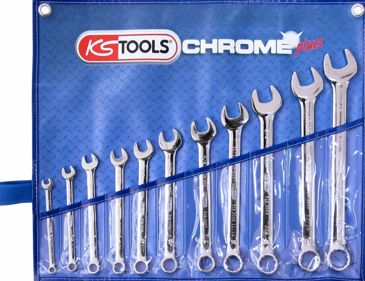 KS Tools 518.3000 CHROMEplus zestaw kluczy płasko-oczkowych, zagięte, 11-częściowy cal