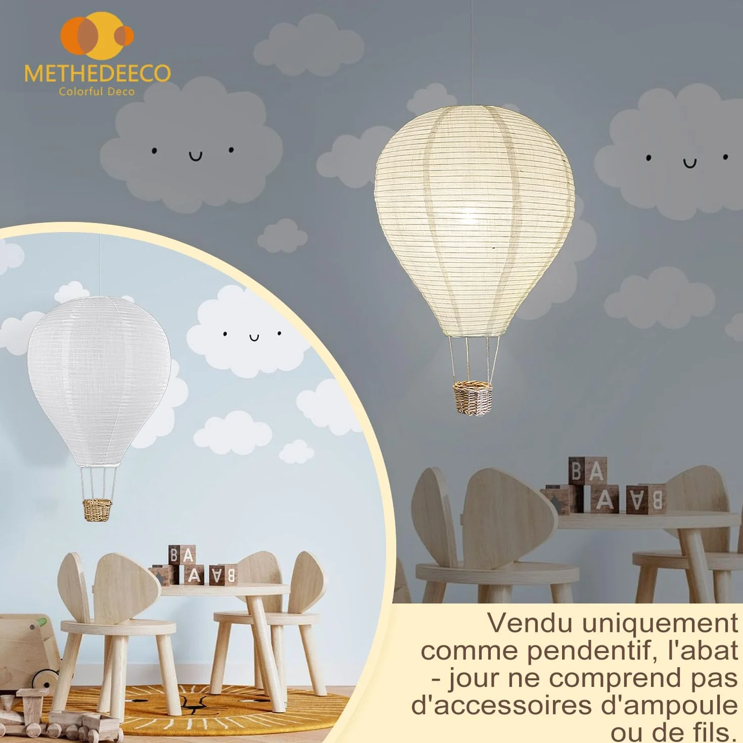METHEDEECO Zestaw 2 kloszy wiszących balonów na gorące powietrze, 35 cm, białe lampy papierowe, lampy wiszące, pomysł na prezent do pokoju dziecięcego i młodzieżowego, dekoracja dla chłopców i