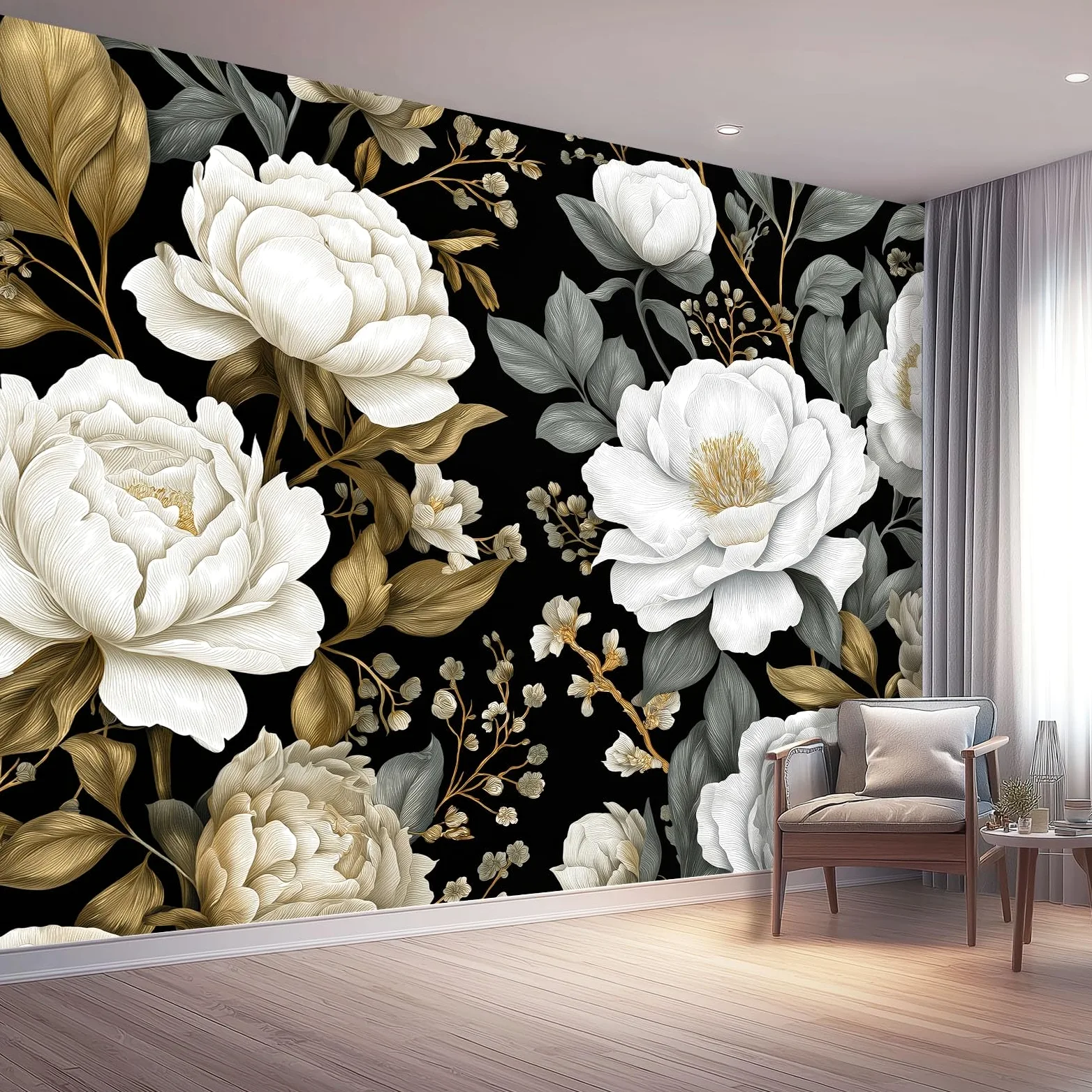 Fototapeta Luksusowy Styl Niedrogi Fotografia Fototapeta Do Sypialni Pokój Dziecięcy, 300 x 210 cm Dekoracja Ścienna Tapeta Artystyczna, Złota Piwonia Złota Gałąź