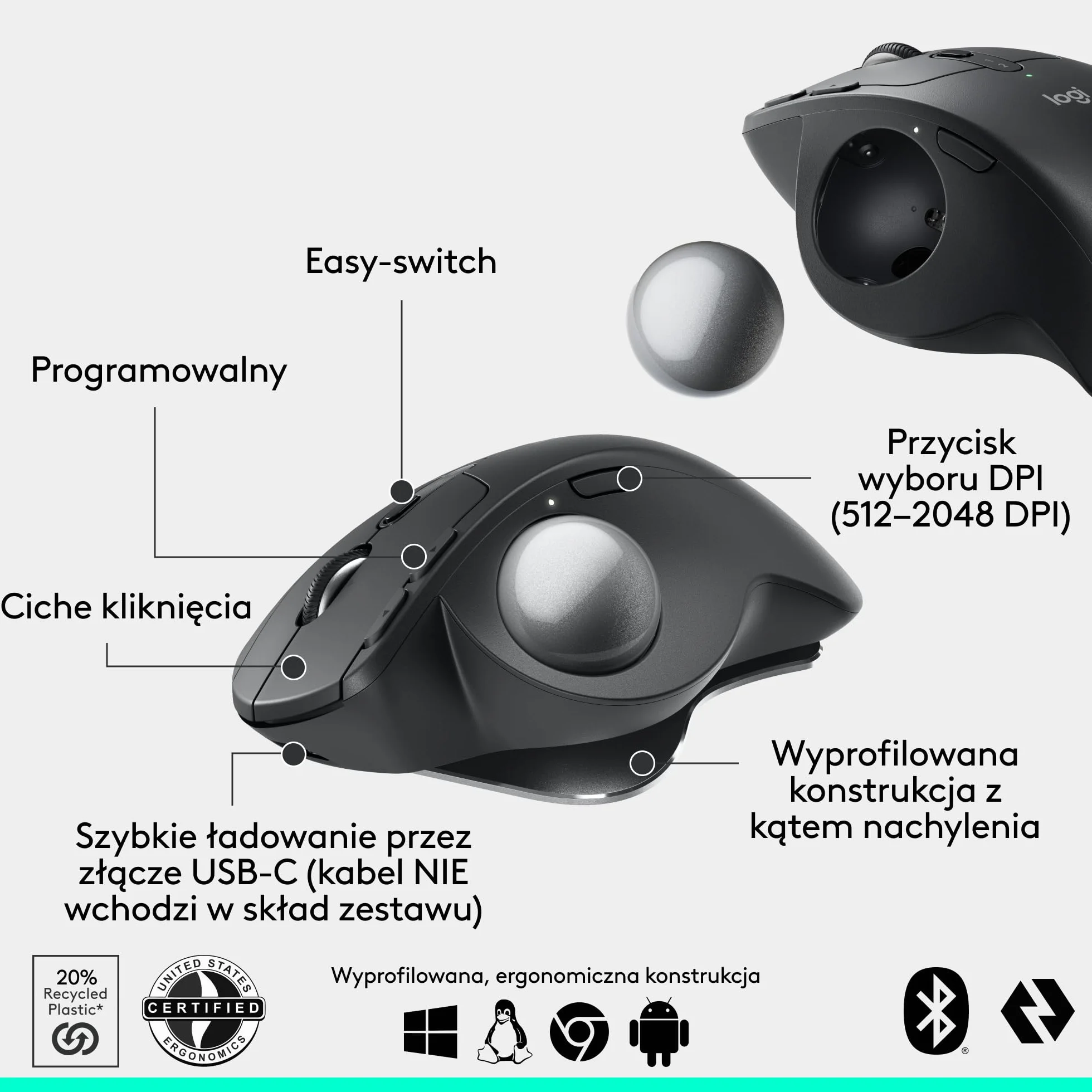 Logitech MX Ergo S Bezprzewodowa Mysz z Trackballem, Ergonomiczna, USB-C, Bluetooth, 6 Przycisków, PC/Mac - Grafit