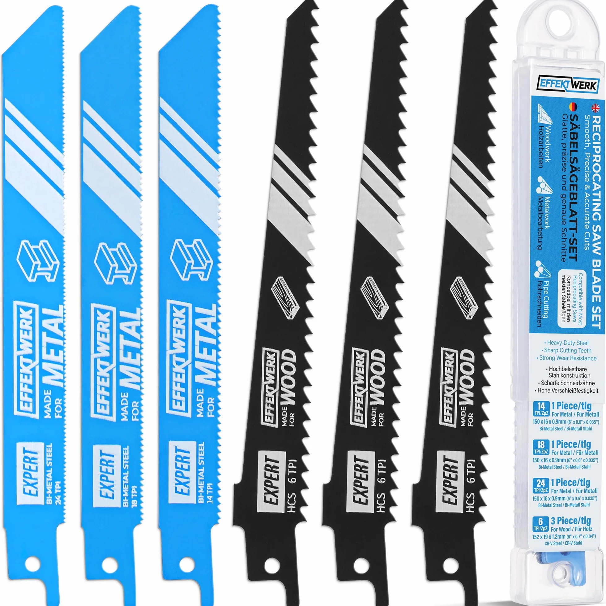 Reciprocating Saw Blades for Wood & Metal - 6 Pieces - 3 HCS Steel Saw Blades for Wood - 3 Bi-Metal Steel Blades for Metal - 6/14/18/24 TPI (Teeth per Inch)