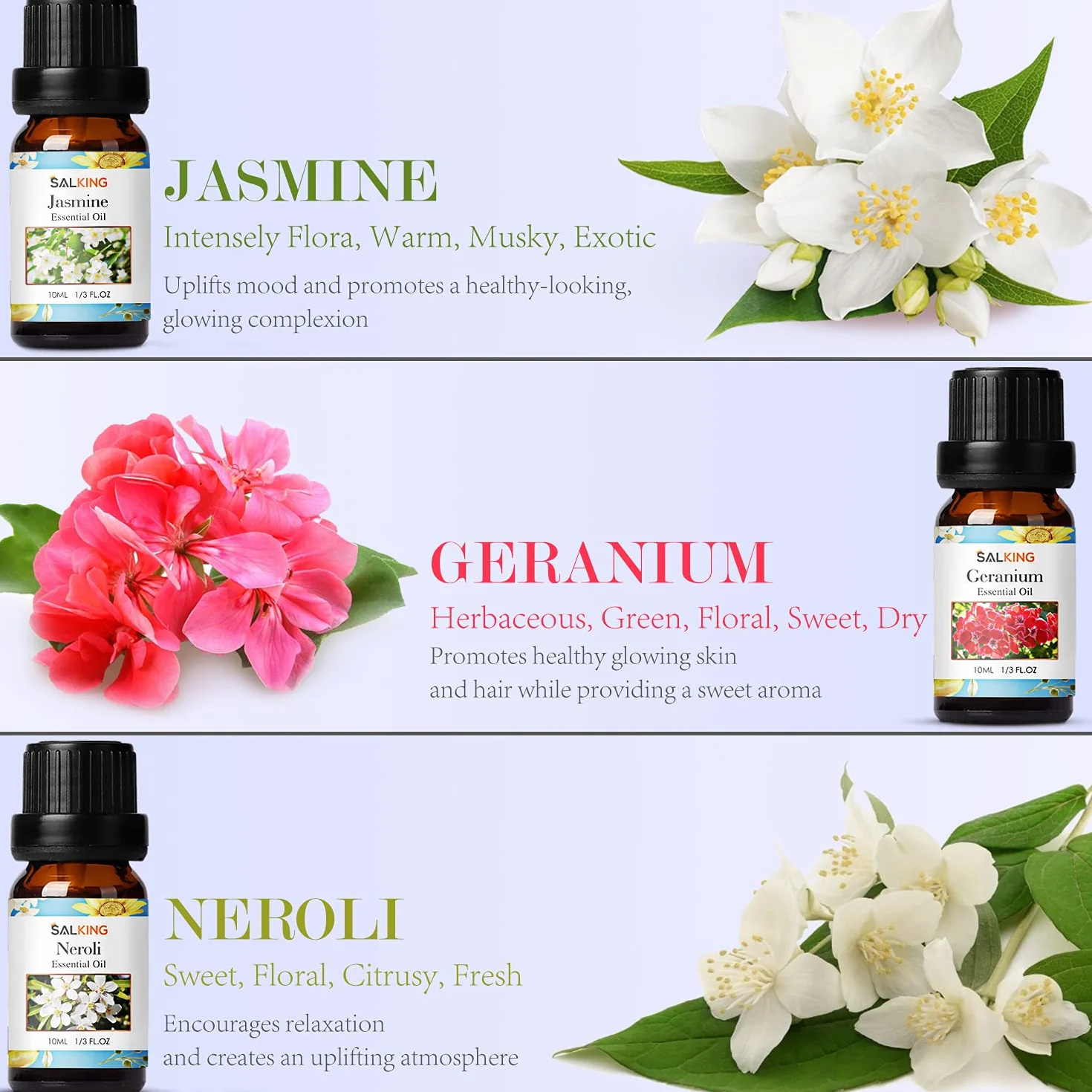Kwiaty Olejki eteryczne do dyfuzorów, zestaw olejków eterycznych SALKING DIY czyste świece, masaż, aromaterapia, wiciokrzew, Frezja, piwonia, jaśmin, geranium, neroli, 6 x 10 ml