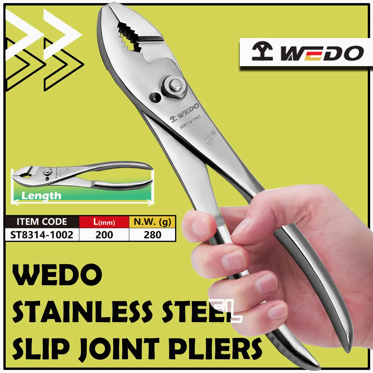 WEDO Szczypce do połączeń ślizgowych, kombinerki, szczypce VISE-GRIP, 20 cm, stal nierdzewna, antykorozyjne, odporne na rdzę, 20 cm