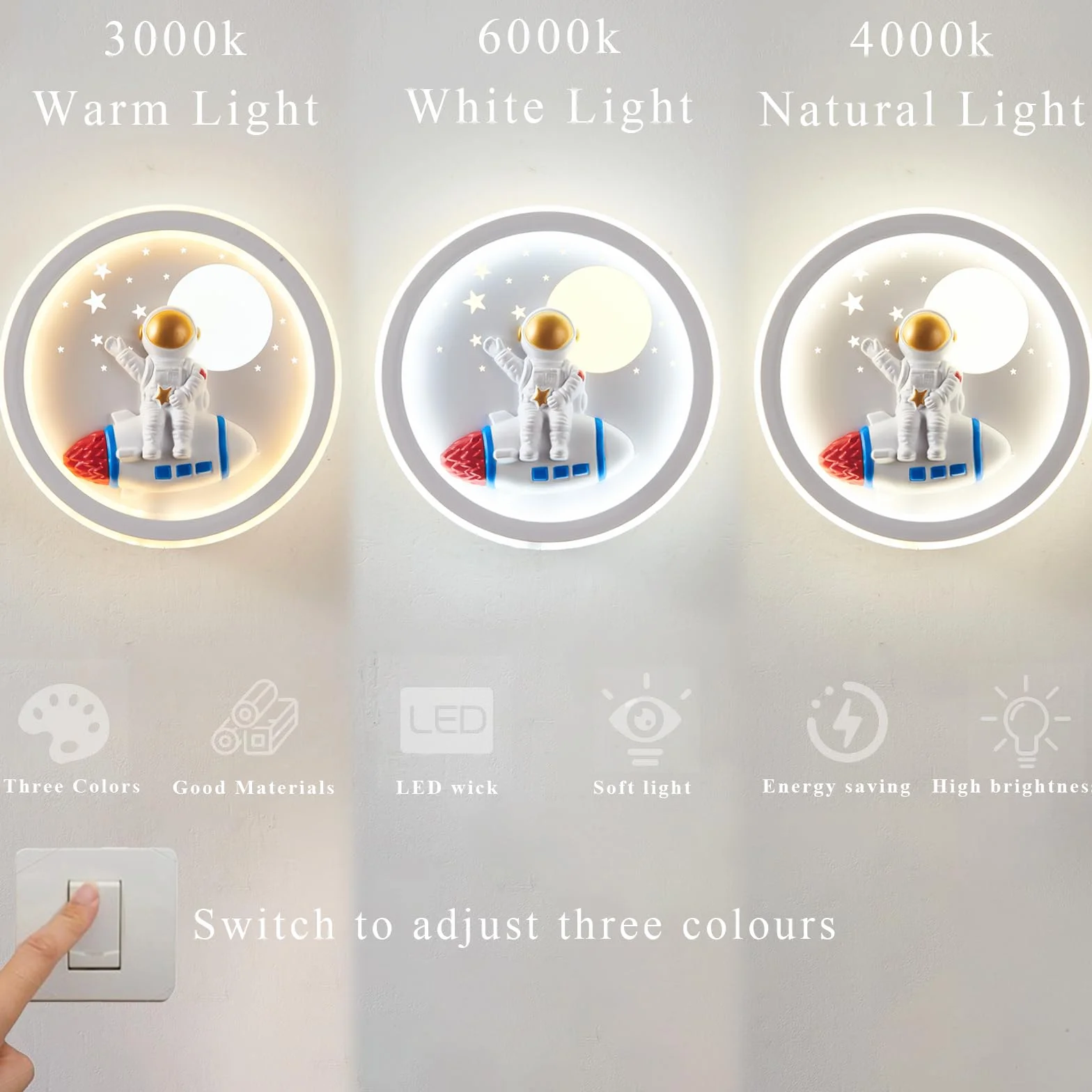 Lampka LED do wnętrz, 24 W, nowoczesna ściana astronauta, 220 V, 3 temperatury barwowe (3000K/4000K/6000K), do sypialni, domu, przedpokoju, salonu dziecięcego