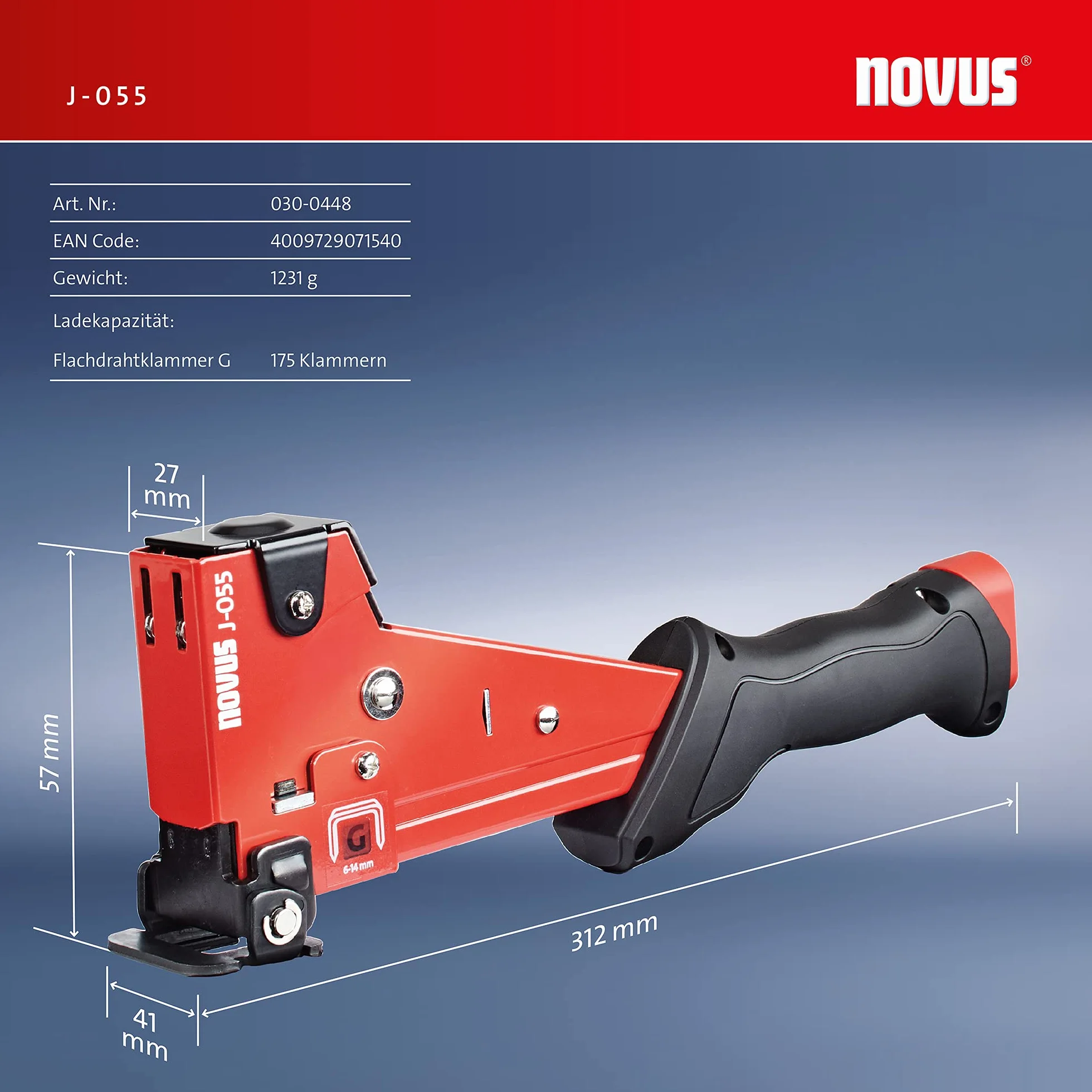 Novus J-055 profesjonalny zszywacz udarowy, Heavy-Duty, szybkie ładowanie, ochrona powierzchni, maks. 175 zszywek 6-14 mm, czerwony