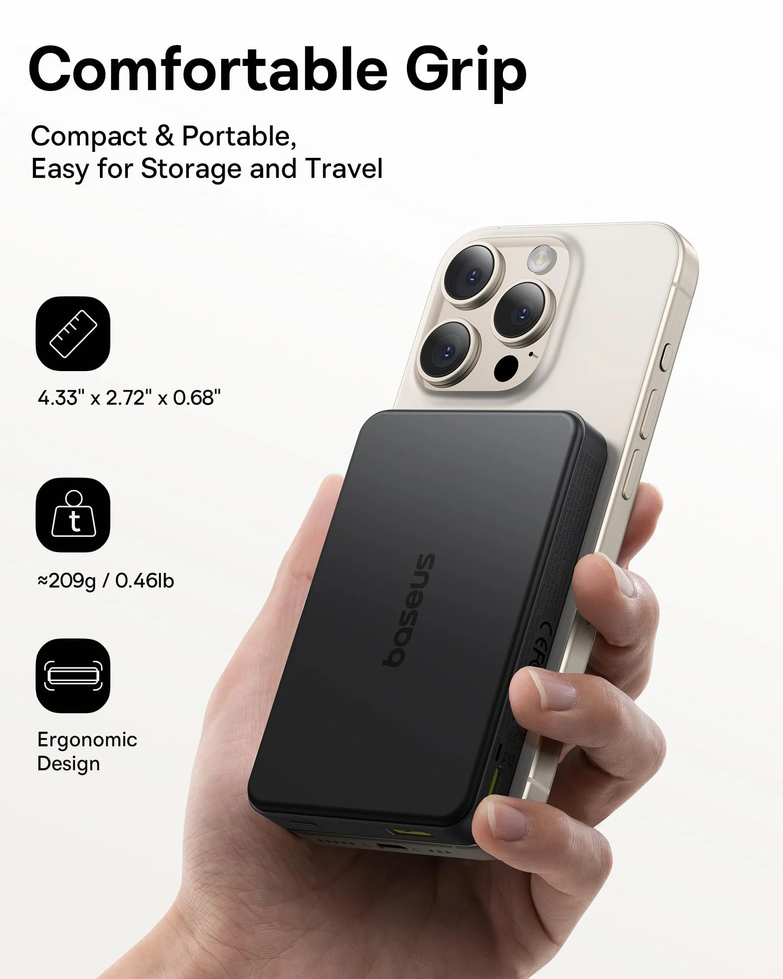 Baseus Power Bank 10 000 mAh, Qi2 Magsafe Powerbank bezprzewodowy 15 W, magnetyczny powerbank do iPhone 16/15/14, mini powerbank PD 22,5 W, szybkie ładowanie, zewnętrzna bateria USB-C, mały, ale