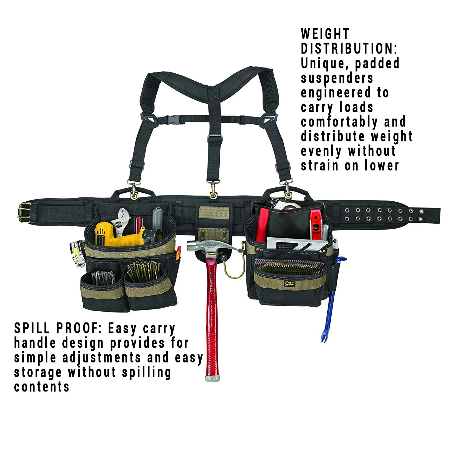 Custom Leathercraft 6714 Ciężki pas narzędziowy dla cieśli, zestaw 5-elementowy Comfort-Lift, fartuch z 31 kieszeniami, czarny