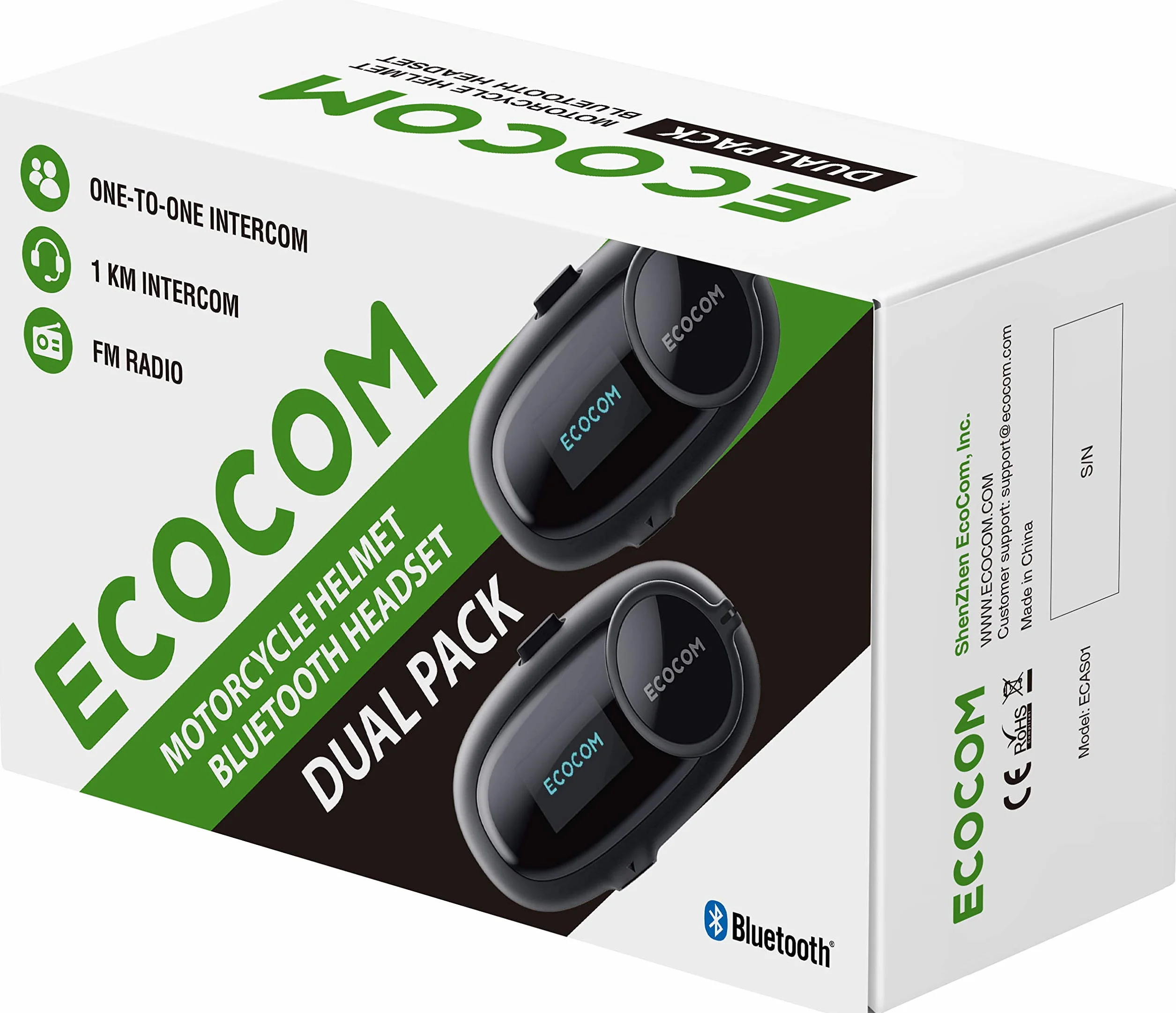 ECAS01D kask motocyklowy Bluetooth interkomowy system komunikacji zestaw słuchawkowy, czas rozmów 8 godzin, tarcza do biegania, zasięg interkomu 1 km, kontrola hałasu, radio FM, dwupak