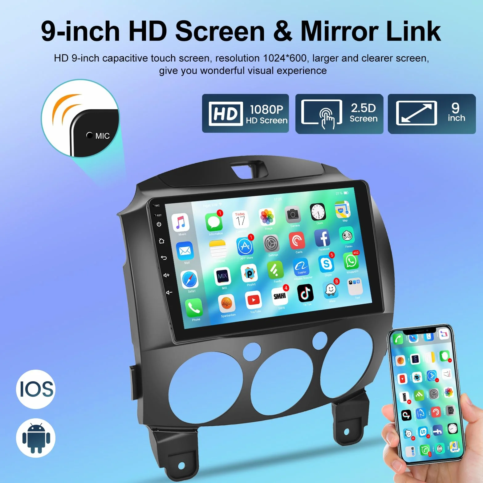 Radio samochodowe 9-calowy Android 13 2+64G do Mazdy 2 2007-2014 Bezprzewodowe Carplay Android Auto WiFi GPS FM RDS Kamera cofania AHD