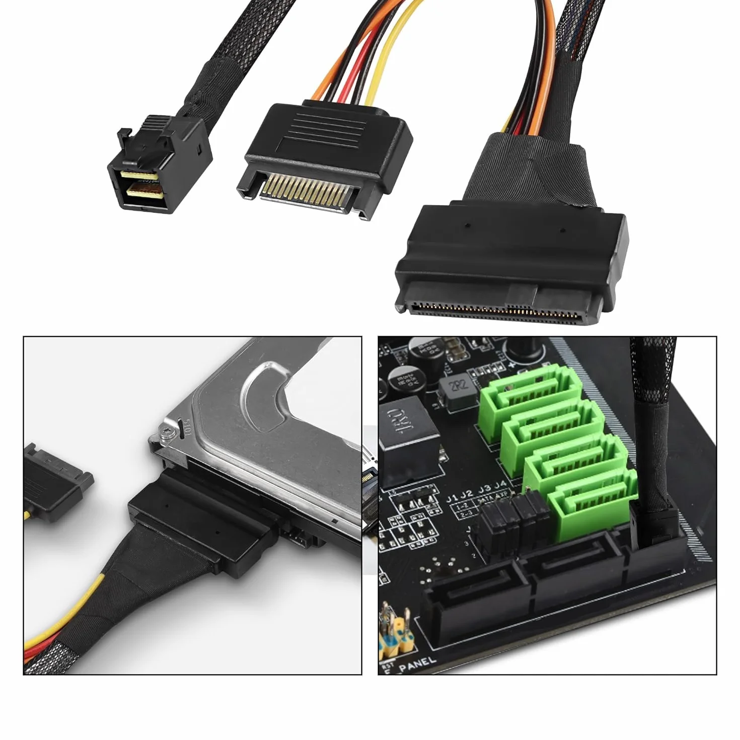 XMSJSIY Mini SAS HD SFF-8643 na SAS 8639 12 Gb/s wewnętrzny serwer NVMe kabel połączeniowy SSD z 15-biegunowym zasilaczem SATA 50 cm/19,6 cala
