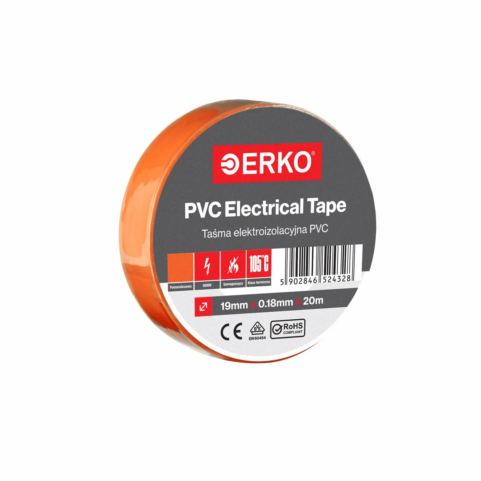ERKO - Zestaw taśm izolacyjnych z PCW 19 mm x 20 m | naprawa przewodów elektrycznych | bardzo elastyczna o dużej sile klejenia | odporna na chemikalia, pomarańczowa, polichlorek winylu