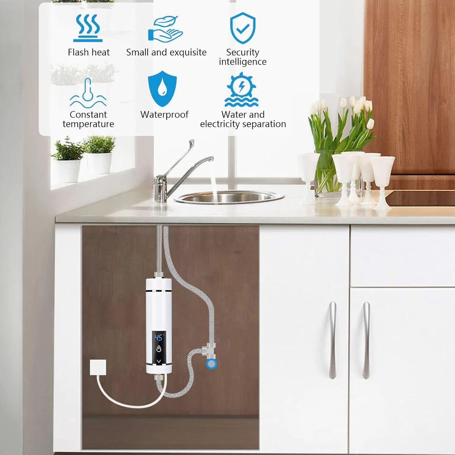 Mini podgrzewacz wody, elektryczny podgrzewacz wody, natychmiastowy podgrzewacz wody, bezzbiornikowy do łazienki, kuchni, wtyczka EU 220 V (biały, 3500 W)