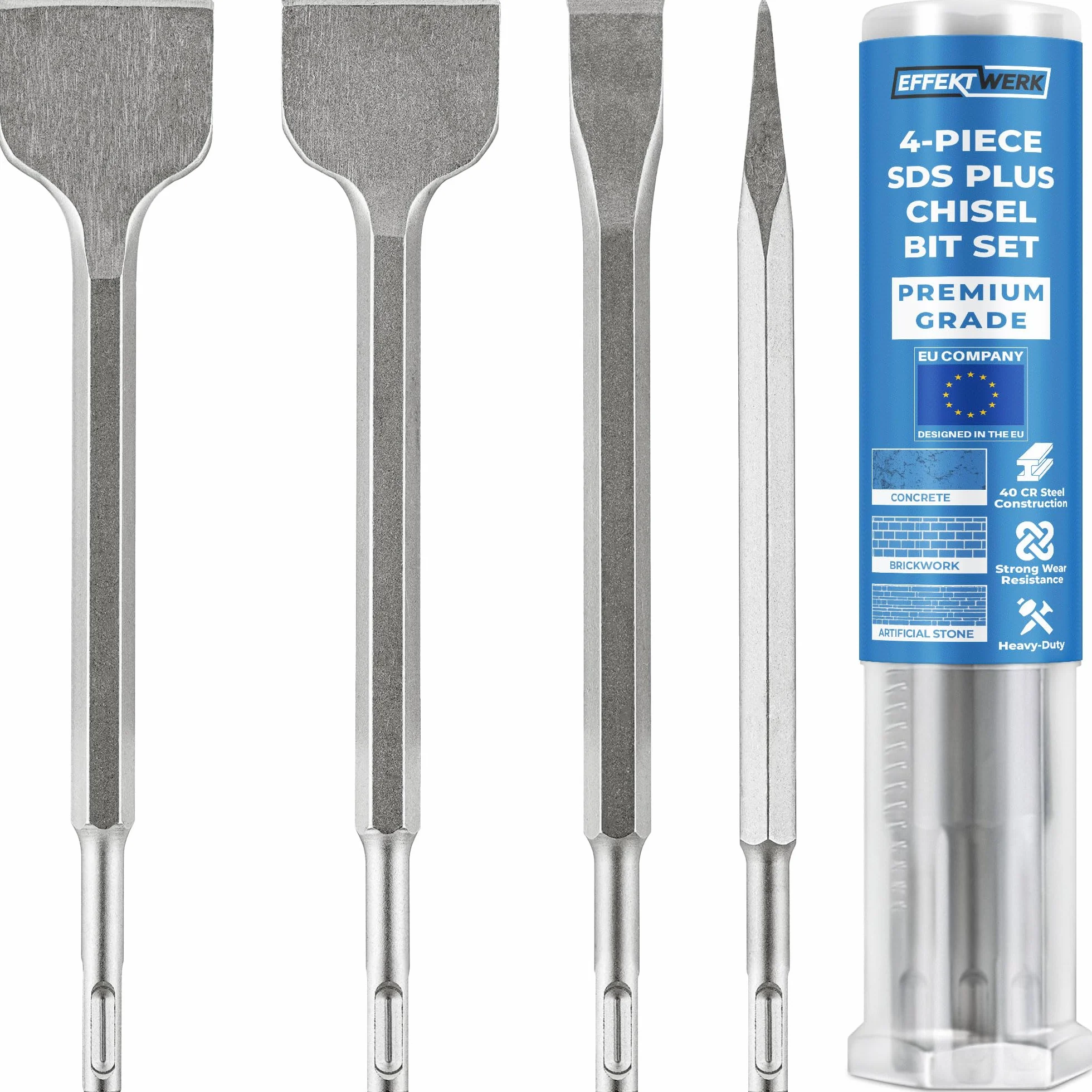 SDS Plus Chisel Bit Set - 4 Pc - 1 Flat Chisel, 1 Pointed Chisel, 1 Scaling Chisel & 1 Tile for Concrete Demolition