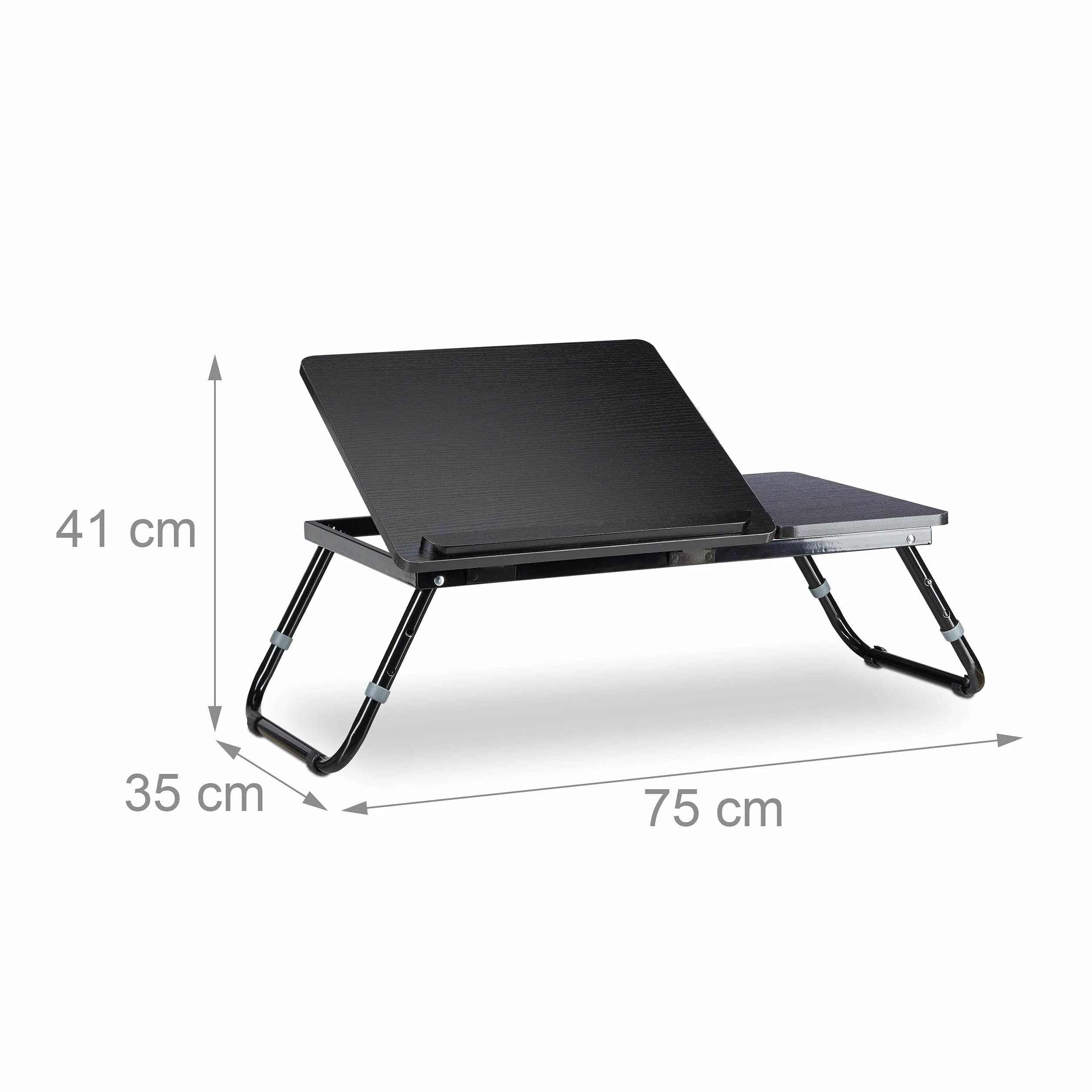 Relaxdays stolik do laptopa, stolik do łóżka do notebooka, pomocniczy, wymiary (szer. x gł. x wys.): 60 cm x 35 cm x 24 cm, drewno, czarny, z klapą do czytania z regulacją wysokości, składany