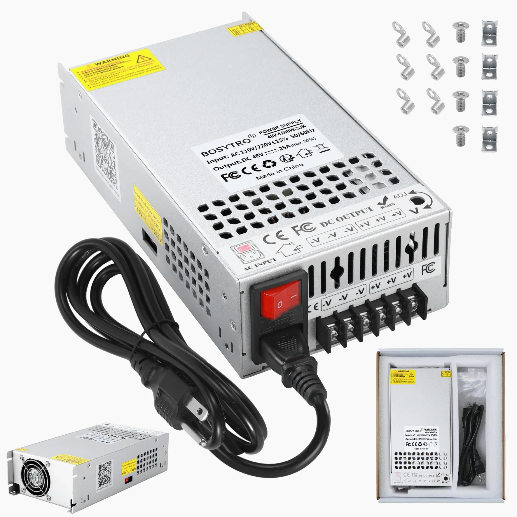 Ulepszony zasilacz impulsowy 48 V, 25 A, 1200 W, transformator LED 230 V na 48 V, DC 48 V, przetwornica napięcia, z kablem sieciowym i wyłącznikiem bezpieczeństwa, transformator do ogrzewania