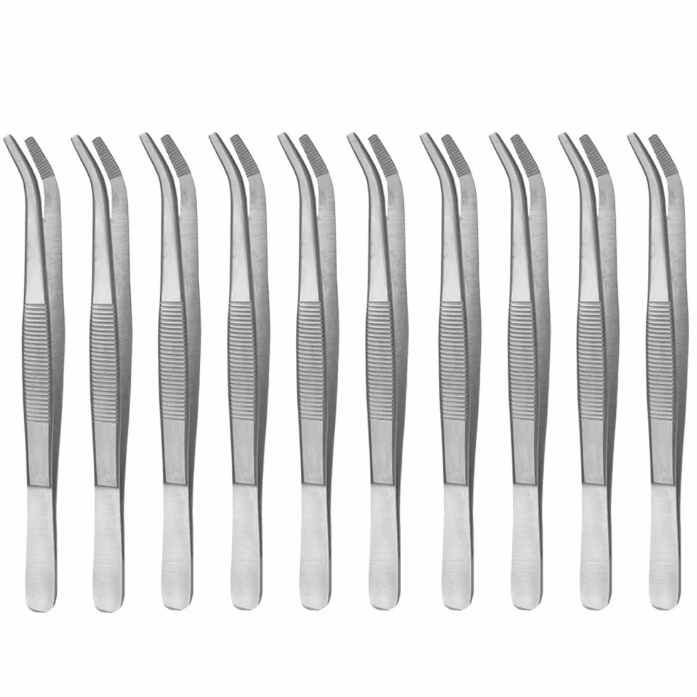 May - Zestaw – 10 x uniwersalna pęseta 14 cm – pęseta domowa – wygięta – okrągła końcówka – obrębiona wewnątrz – stal nierdzewna