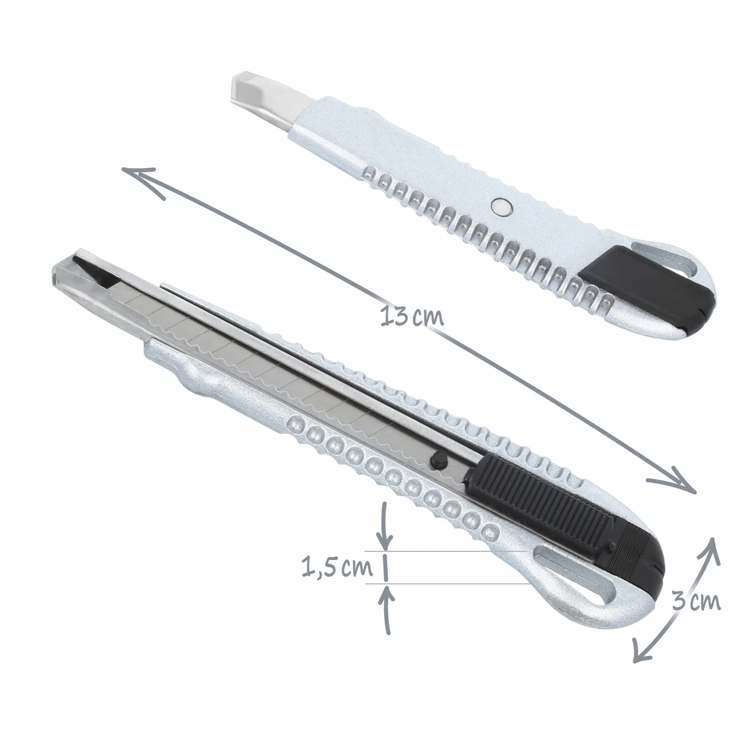 COM-FOUR® 4x noze tnace z wymiennymi ostrzami - noze do dywanów - noze do tapet w 2 rozmiarach - przecinarki do tektury z odlamywanymi ostrzami - noze rzemieslnicze (Aluminium - 4 sztuki)
