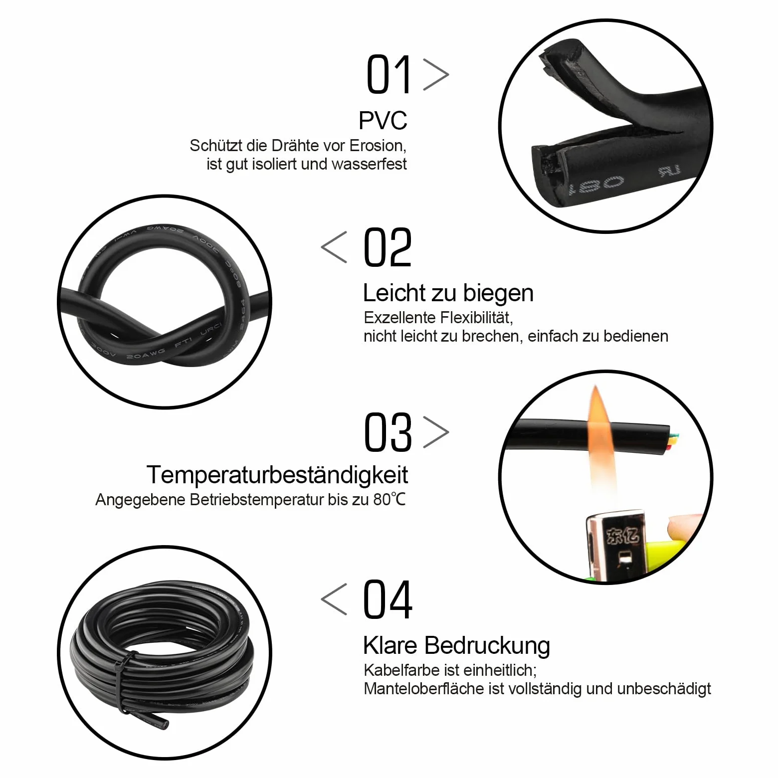 5 żył 5 x 0,5 mm² przewód elektryczny 20 AWG UL2464 5-żyłowy ocynkowany kabel miedziany 20 G, drut pleciony niskonapięciowy, przedłużacz 10 m, czarny, powlekany PCW do urządzeń kuchennych