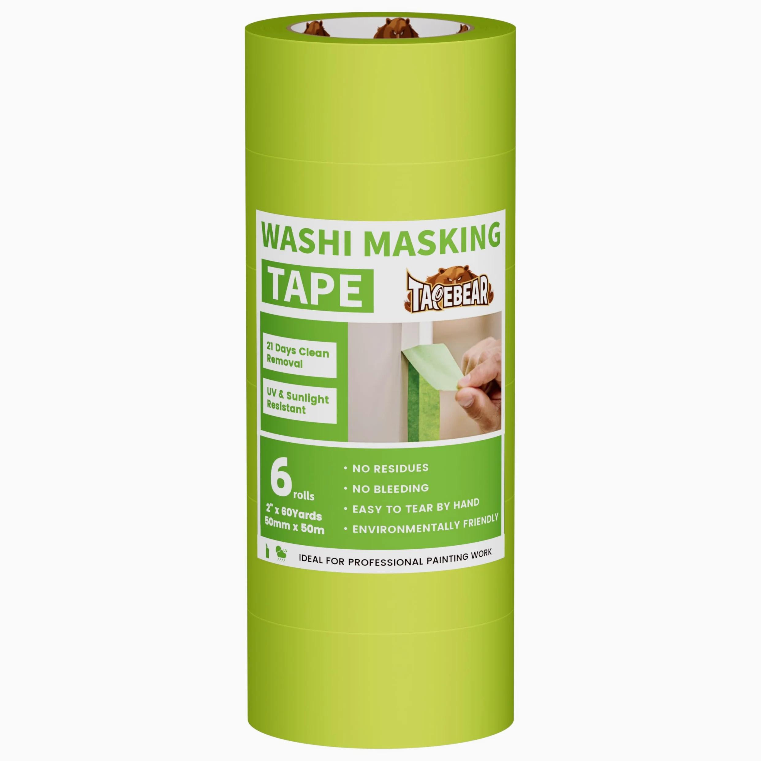 TAPEBEAR Zielona taśma malarska 50 mm x 55 m, 6 rolek 21 dni, możliwość usunięcia bez pozostawiania śladów, taśma malarska, średnia przyczepność do wewnątrz i na zewnątrz, do malowania ścian i