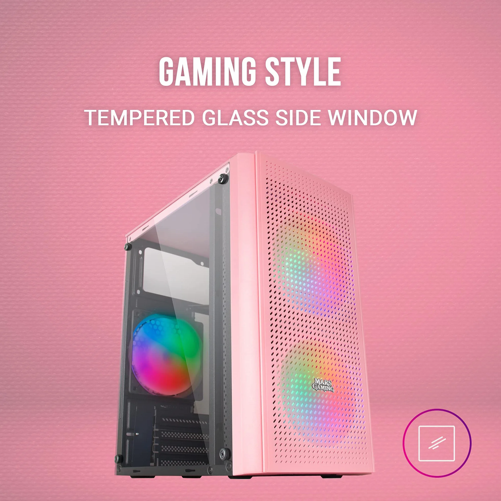 Mars Gaming MC300P różowa, Micro ATX obudowa PC, szkło hartowane, przód MESH, 3 wachlarze FRGB