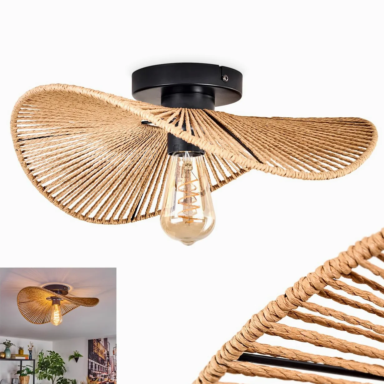 HOFSTEIN Elsa lampa sufitowa, lampa sufitowa wykonana z metalowej/papierowej siatki w kolorach czarnym/naturalnym, stylu boho z efektem świetlnym na suficie, E27, jadalnia, salon, sypialnia