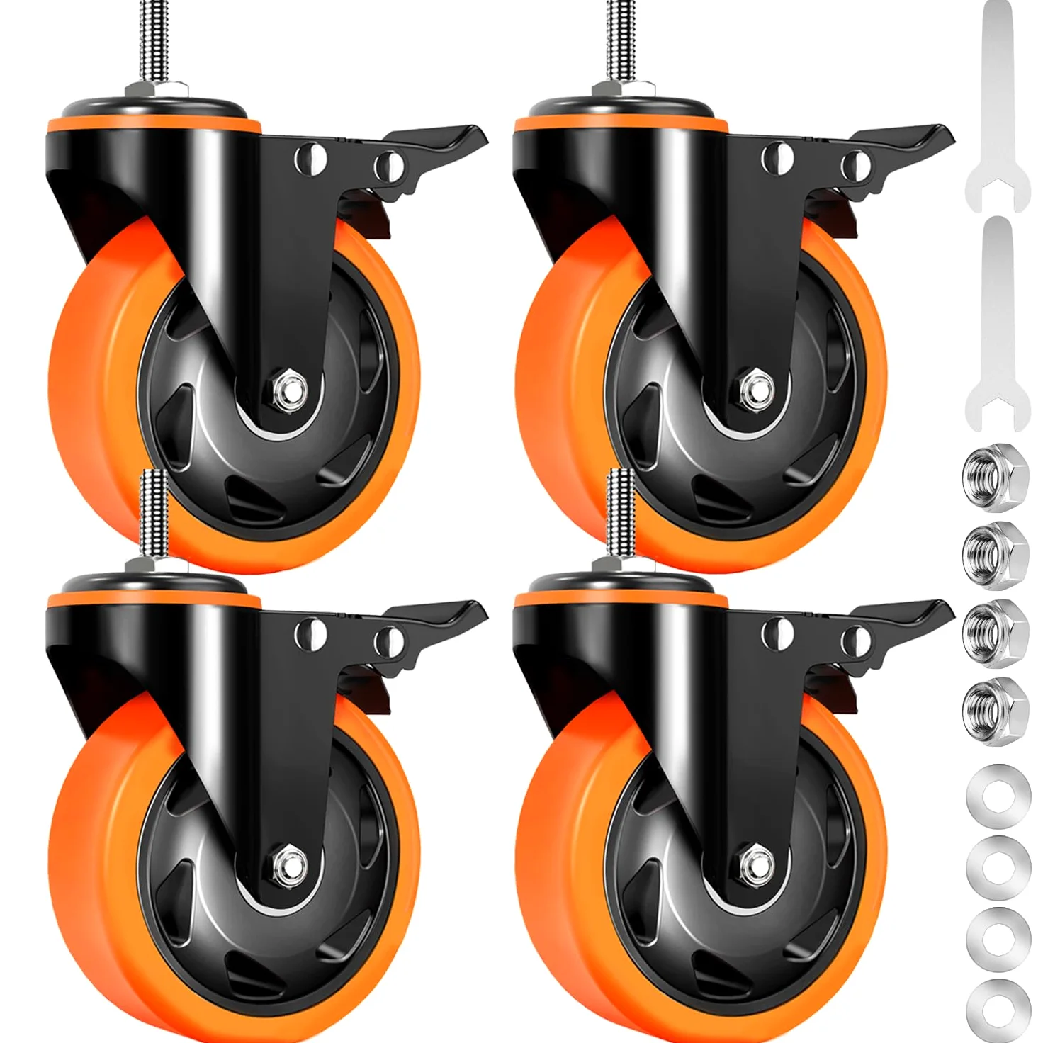 Kółka jezdne, wytrzymałe, 3-calowe, 1600 funtów, kółka z gwintowanym trzpieniem 3/8"-16 x 1 (średnica trzpienia 3/8", długość trzpienia 1"), zestaw 4 kółek z blokadą bezpieczeństwa, przemysłowe kółk