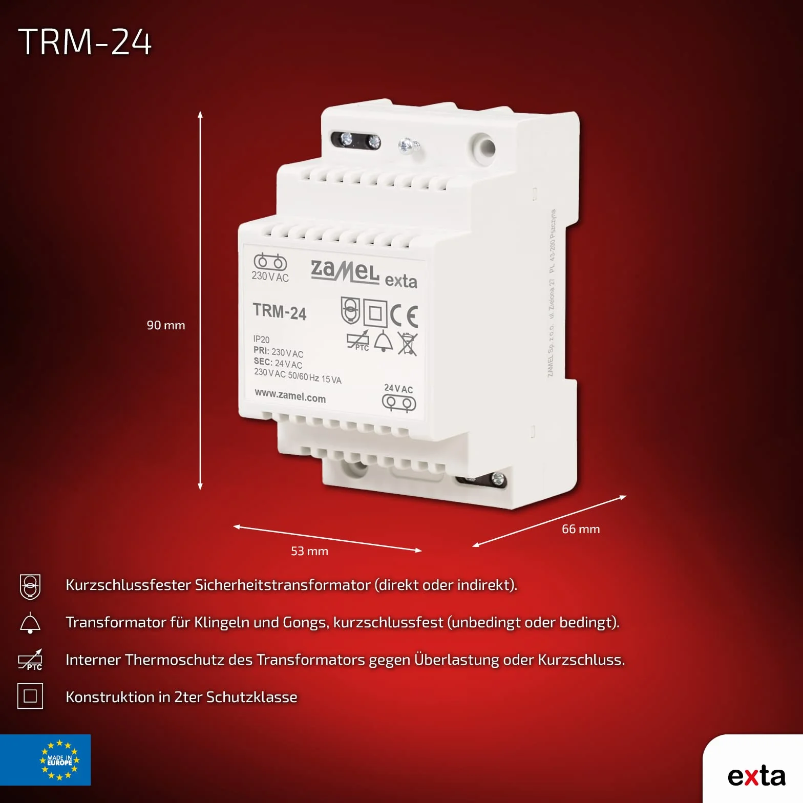 EXTA Zamel TRM-24 transformator dzwonka 24 V/AC 0,63 A