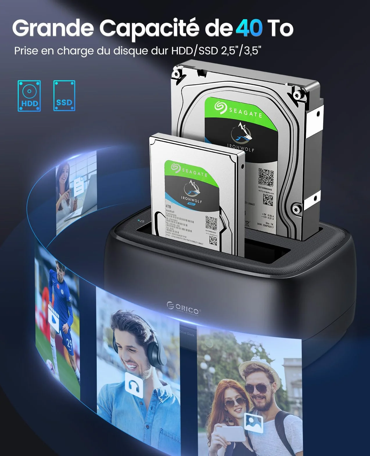 ORICO Stacja dokująca do dysków twardych z dwoma kieszeniami USB 3.2 Gen 1, obudowa dysku twardego do wszystkich standardowych dysków twardych 2,5" i 3,5" HDD/SSD do 2 x 20 TB z zasilaczem 12 V 3 A