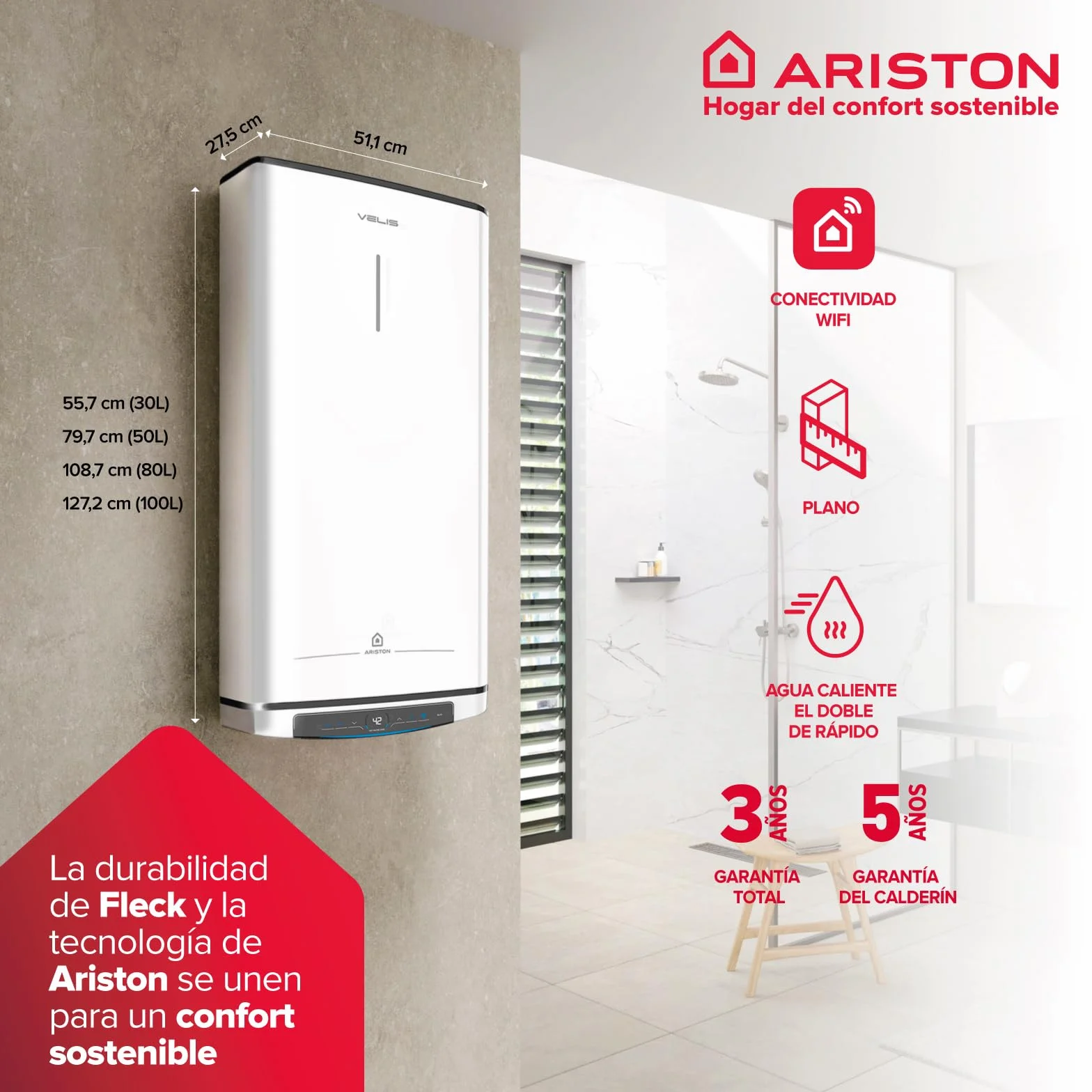Ariston Velis Pro Wifi (ex.DUO 5 Fleck) - Elektryczny termos o niskim zużyciu energii wielopozycyjny, płaski elektryczny podgrzewacz wody z ECO-EVO 55,7 x 27,5 x 51,1, instalacja w Hiszpanii