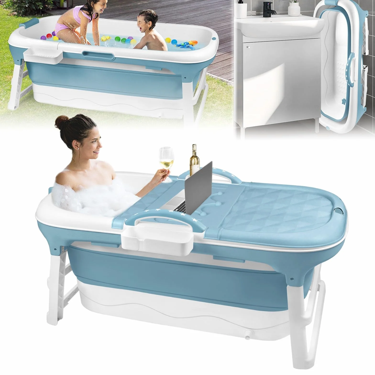 LZQ Składana wanna dla dorosłych, mobilna wanna ze zdejmowaną pokrywą, podłokietnik, kosz na mydło PP + TPE, składana wanna do łazienki, SPA, 118 x 62 x 53 cm, niebieska